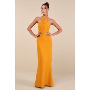 NWT Lulus Mesmerizing Perfection Yellow Halter Neck Backless Maxi Dress Size M